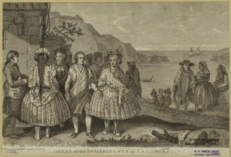 European merchants stand on the bay of Chile