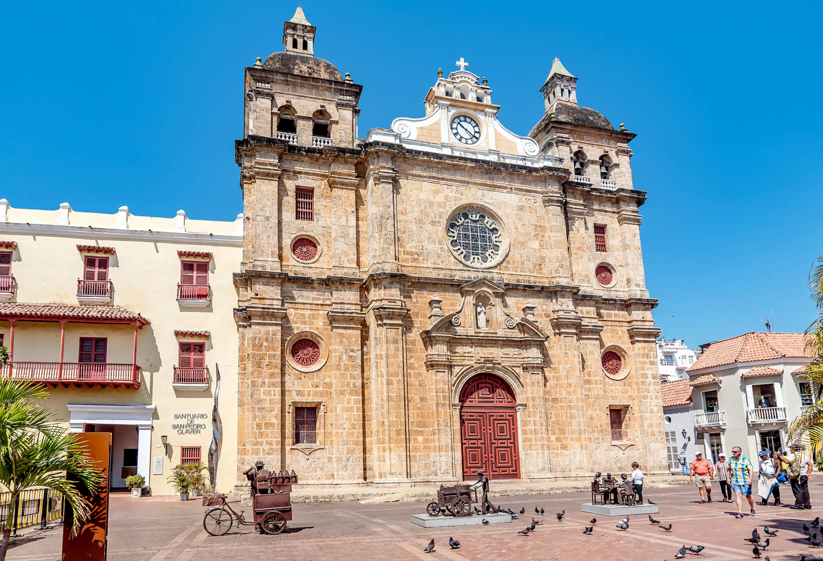 The image depicts the Church of San Pedro Claver in Cartagena, Colombia.